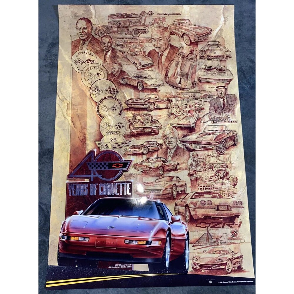 Vintage 90s 1992 Chevy Motor Division 40 Years Of Corvette Poster GM 24” X 36”